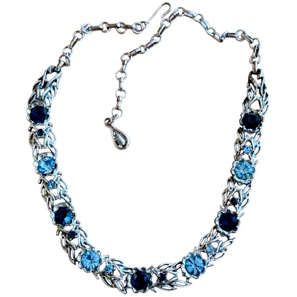 Flower Jeweled Necklace VTG Coro blue Crystal Rhinestone Silver choker 50s 17